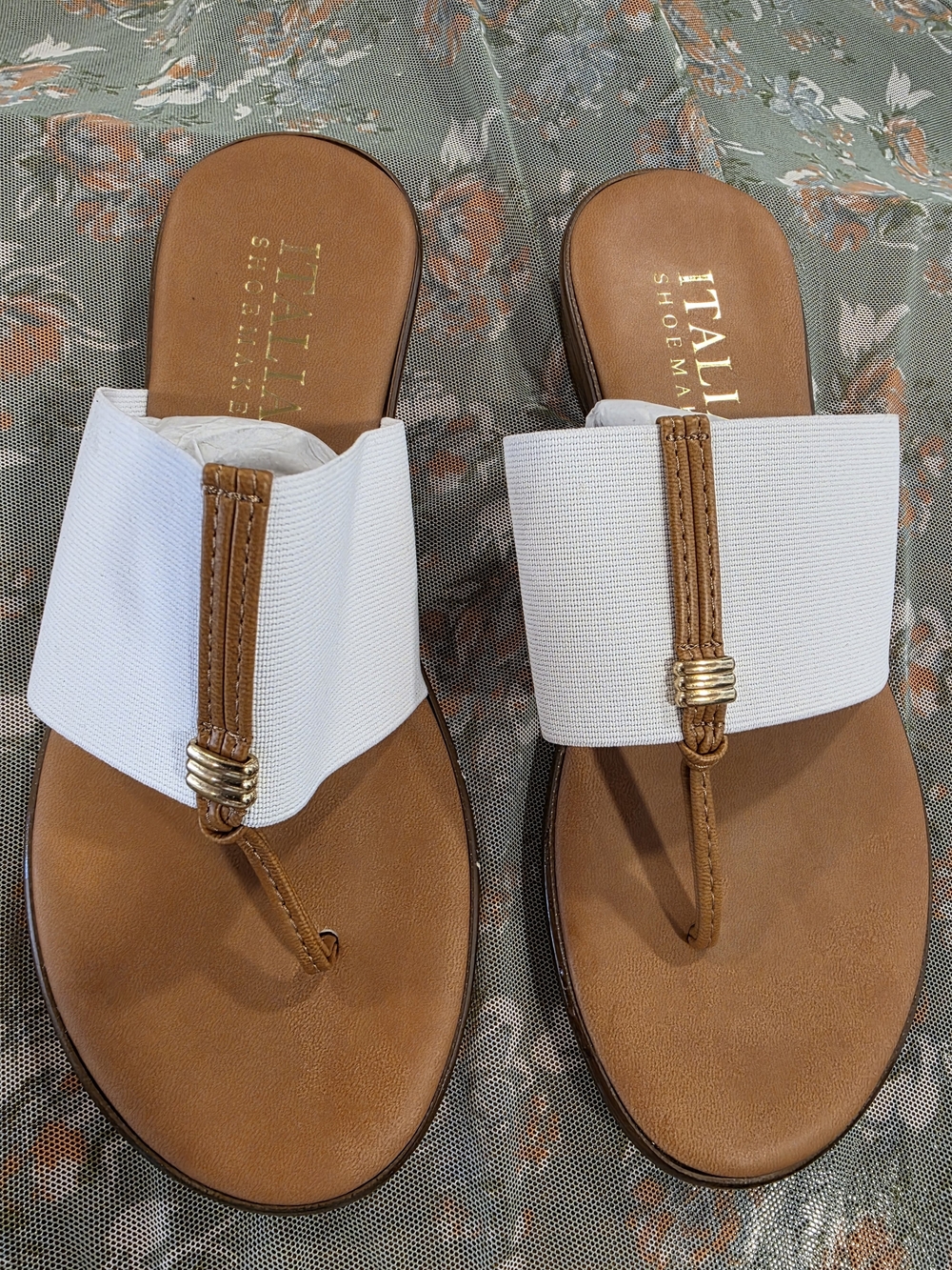 Italian Shoemakers White Elastic & Tan Leather-Effect Toe-Post Sandals